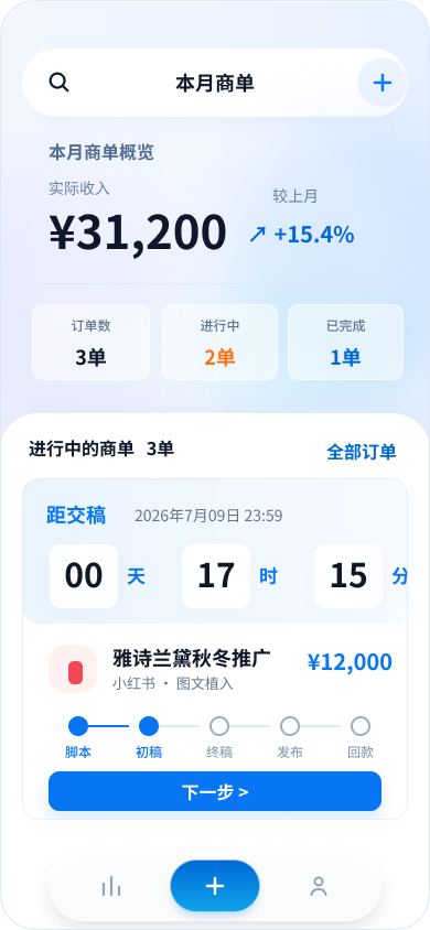 芝麻商单 Android 应用首页，展示本月商单概览和进行中的商单